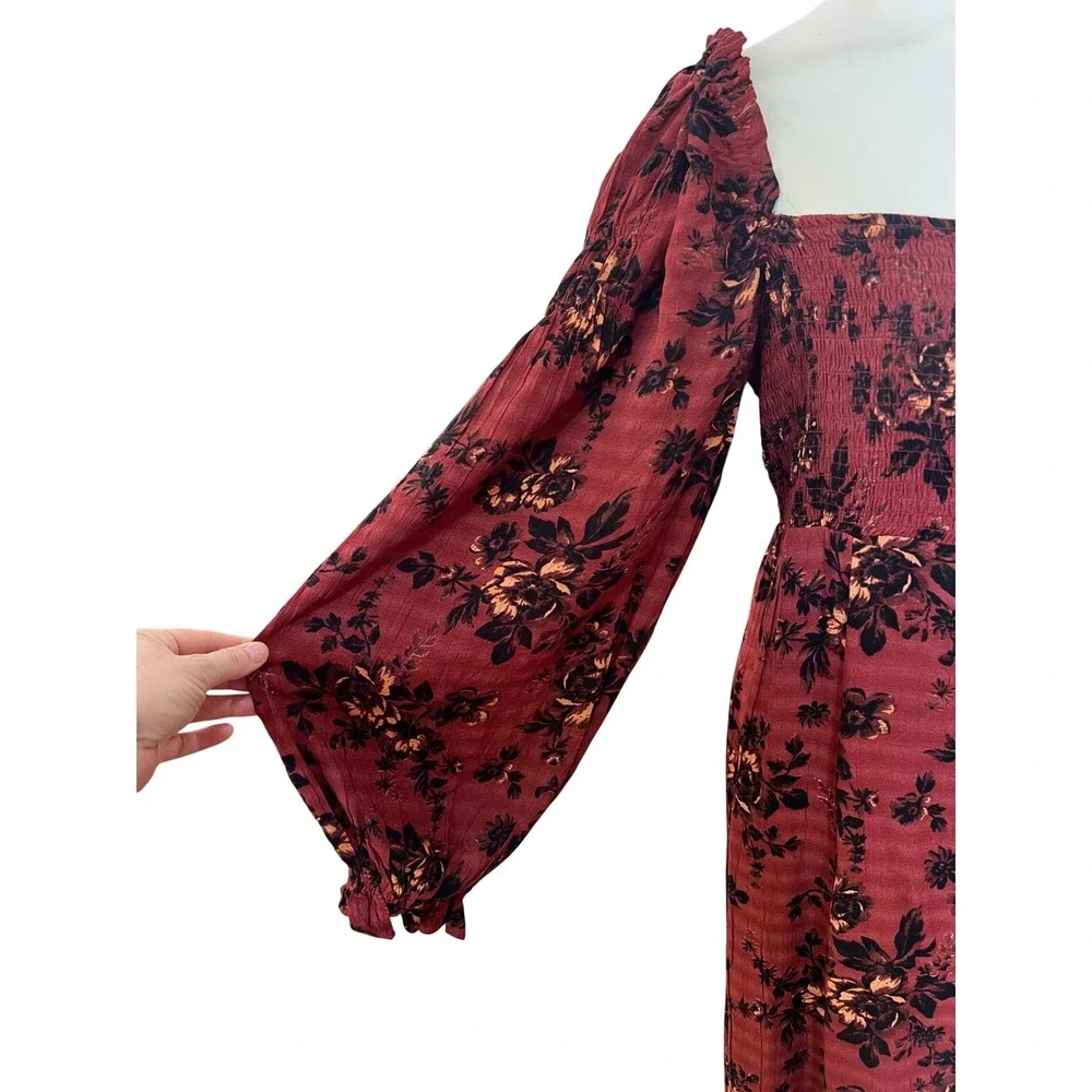 Free People Burgundy Viscose Modal‎ Jaymes Maxi Dress Dark Floral Smocked Small